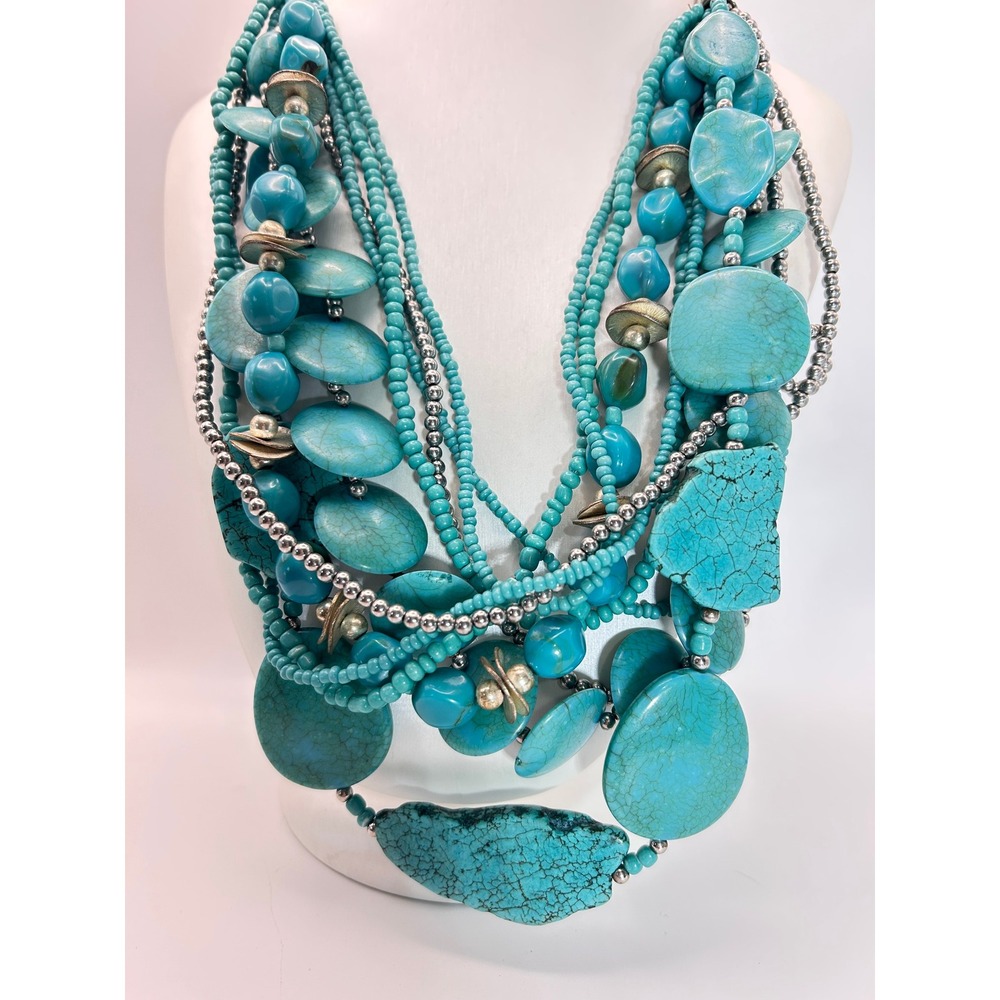 Chico's Statement Necklace Womens OS Turquoise Blue Good Multi-Strand Beaded